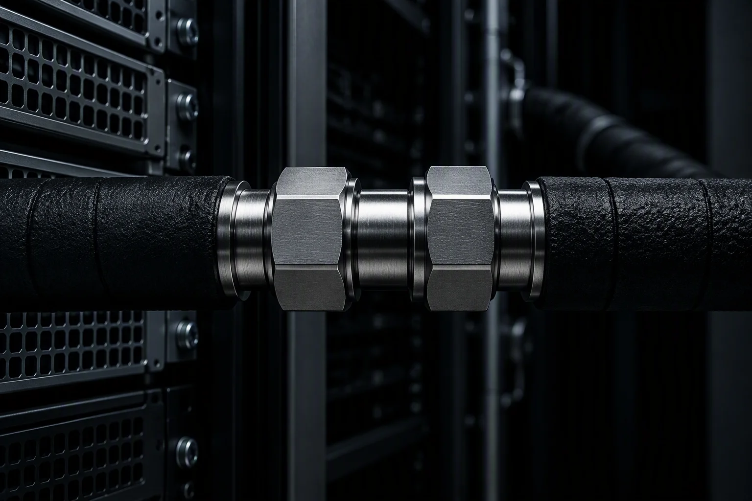 Rendering: a half-inch coupling pair inline on a rack trunk pipe with an insulated run receding behind it