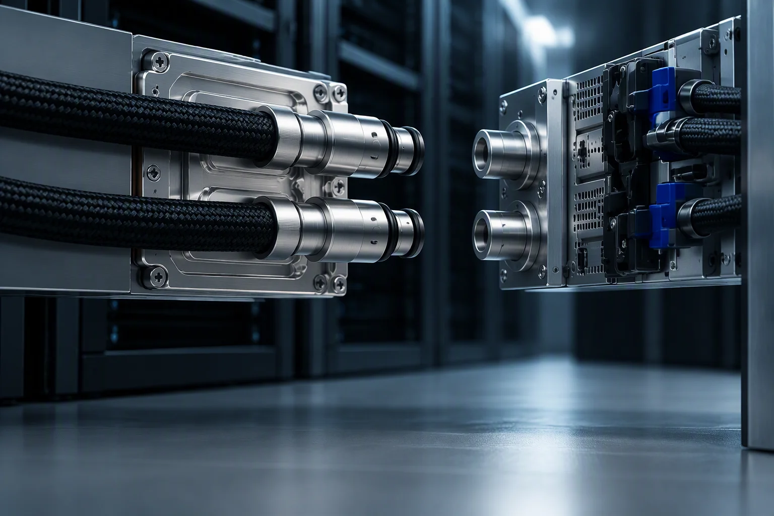 A cold plate carrying blind-mate plugs advancing toward the receptacle rail on a rack manifold