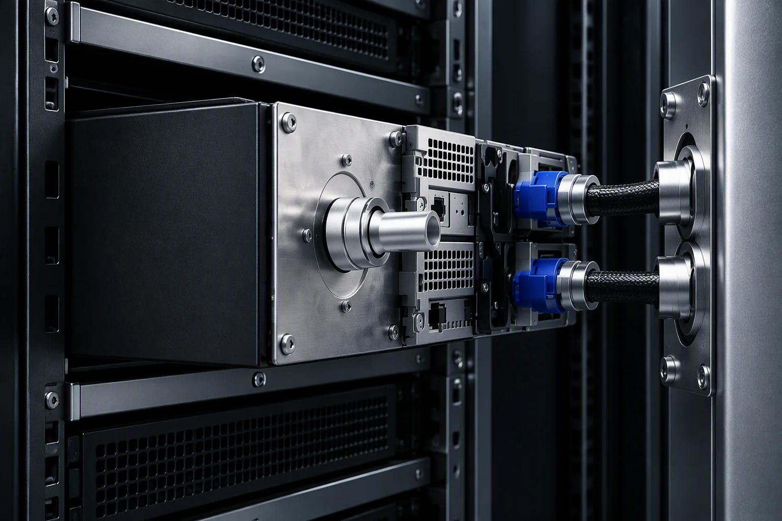 Rendering: a tray pushed fully home with its blind-mate plugs seated in the manifold sockets behind it