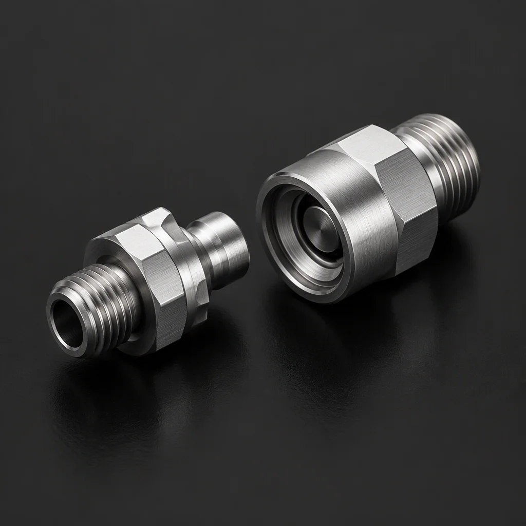 Rendering: one blind-mate pair of the one-eighth-inch class alone on a dark ground, bare stainless