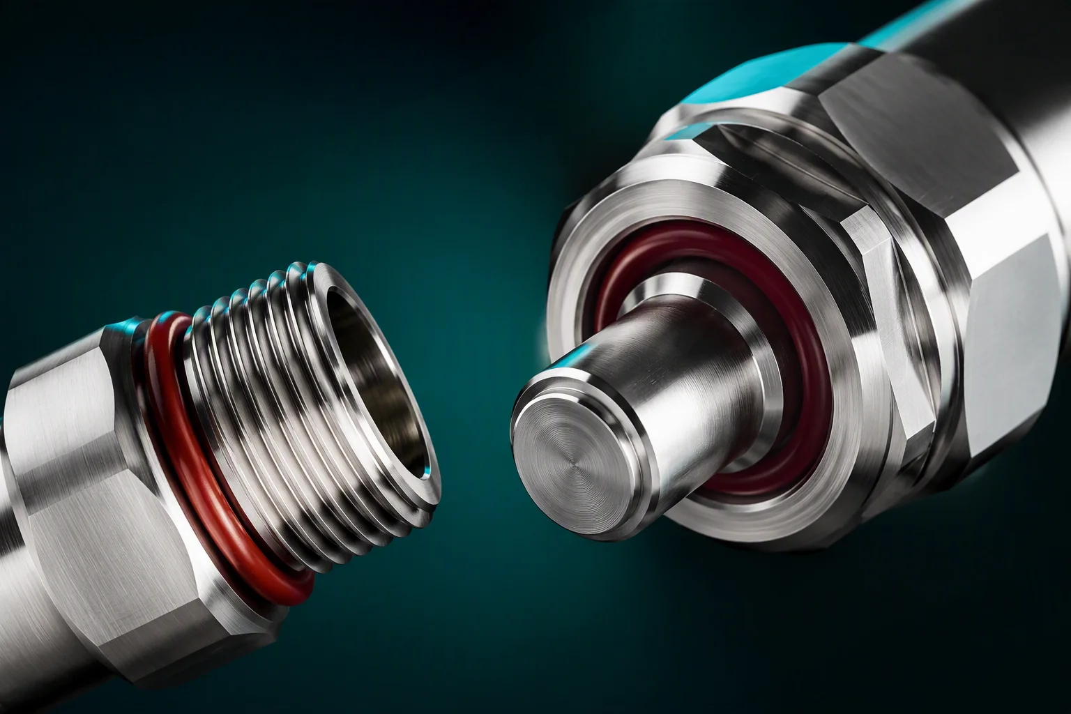 UQDB blind-mate coupling pair aligning on a manifold port, macro detail of the self-centering face