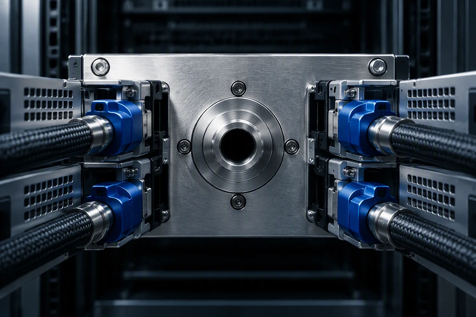 Rendering: a manifold socket row seen square on, with tray plug rows stopping short of it in the foreground