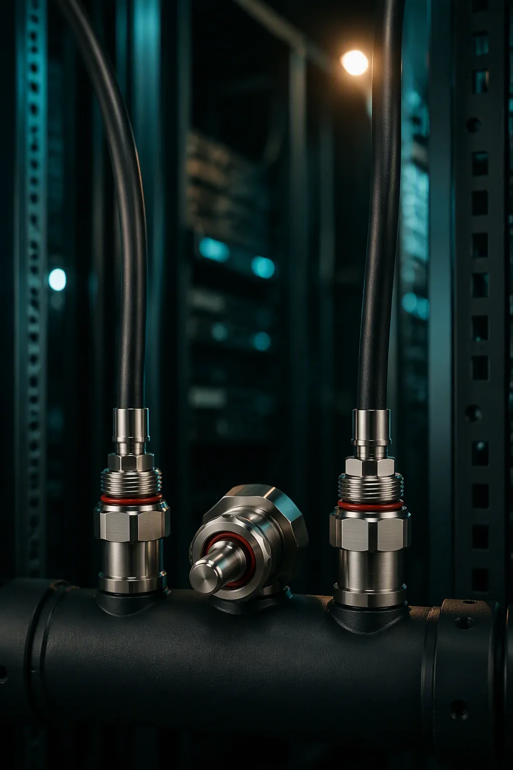 UQDB coupling set installed on a vertical manifold bank inside a GPU server rack
