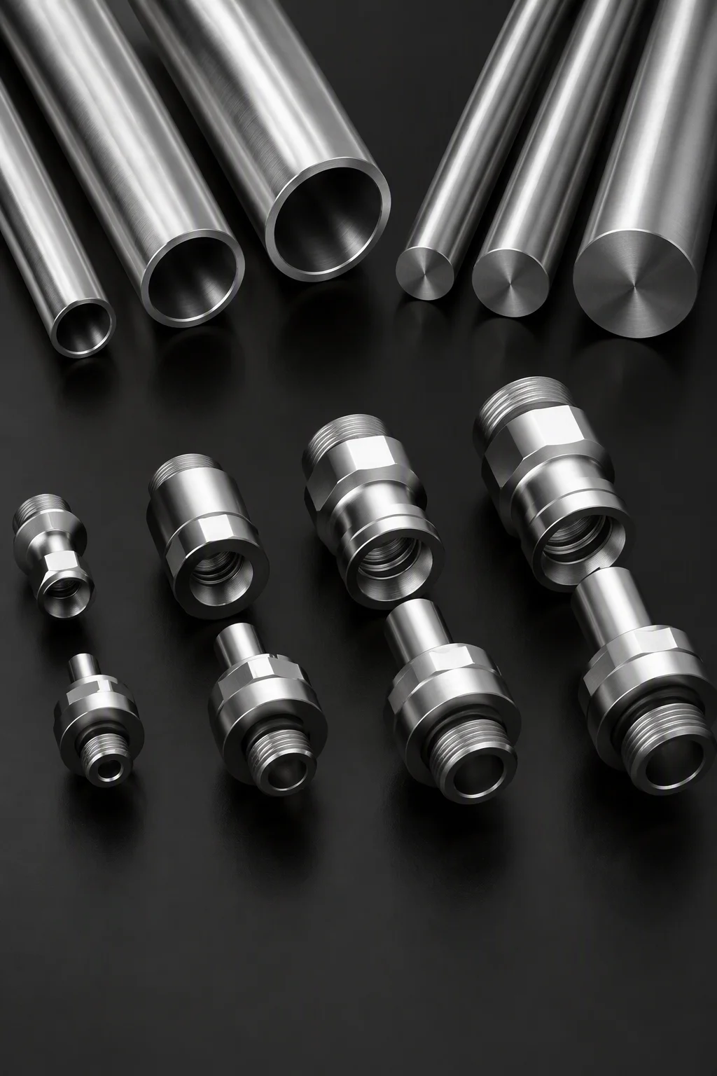 Rendering of stainless tube and bar stock stacked beside a marked but unreadable component face