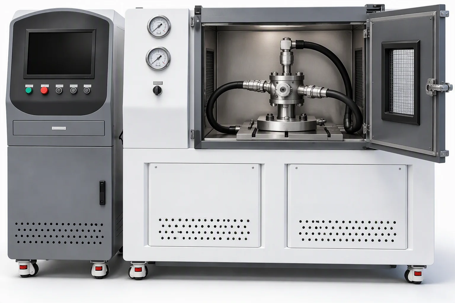 Rendering of a pressure test rig holding a manifold assembly under test, no gauge readings legible