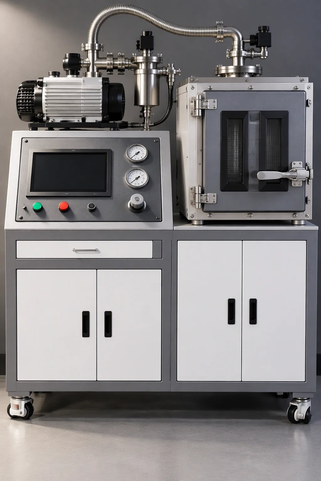 Rendering of a vacuum chamber and detector inlet used for helium leak testing, no scale readout visible