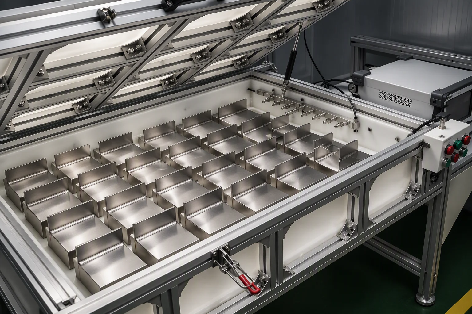 Rendering of welded samples arranged in batch order on a dark bench, no readable labels