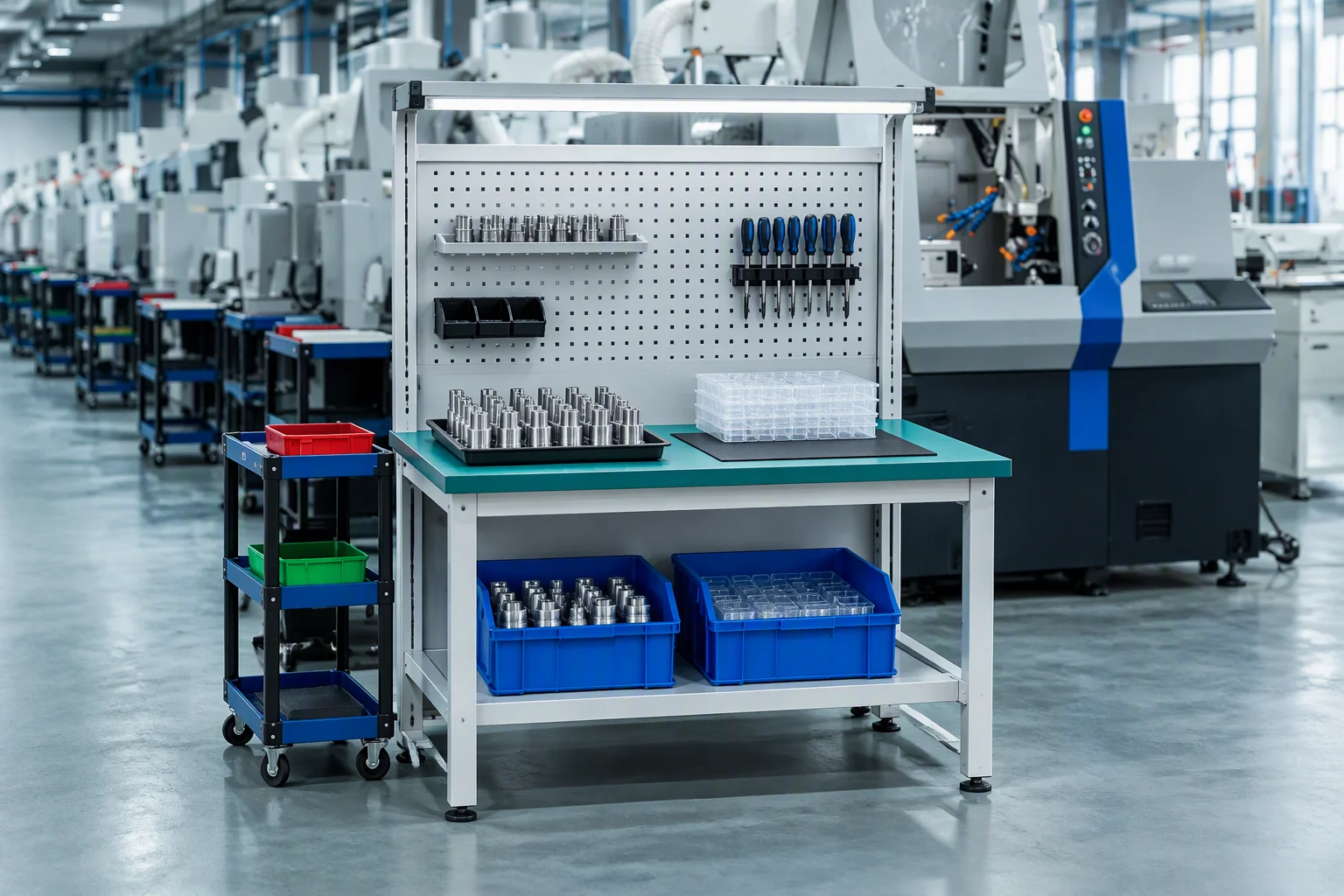 Rendering of a clean assembly bench with a sealing face laid out on a wiped surface
