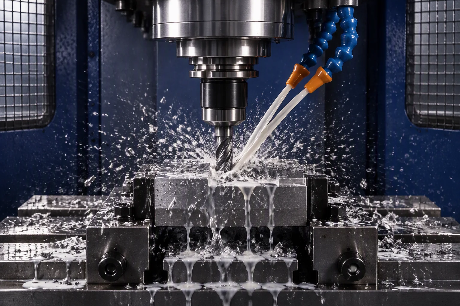 Rendering of a cutting tool working a stainless body inside a machining enclosure